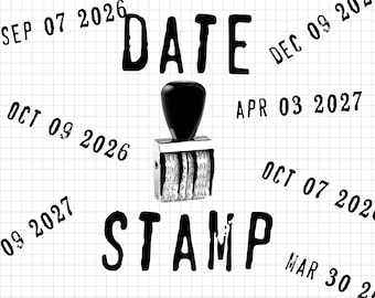 May include: A black and silver date stamp with a black handle, positioned centrally. The word DATE appears above the stamp and STAMP appears below it in black text. Various dates including SEP 07 2026, OCT 09 2026, DEC 09 2026, APR 03 2027, OCT 07 2026, and MAR 30 2027 are scattered around the stamp on a white grid background.