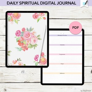 Puede incluir: Una plantilla de diario digital con un dise&ntilde;o floral en la portada. El diario incluye secciones para reflexiones diarias, gratitud, perd&oacute;n, oraci&oacute;n y un mensaje del d&iacute;a. La plantilla est&aacute; en formato PDF.