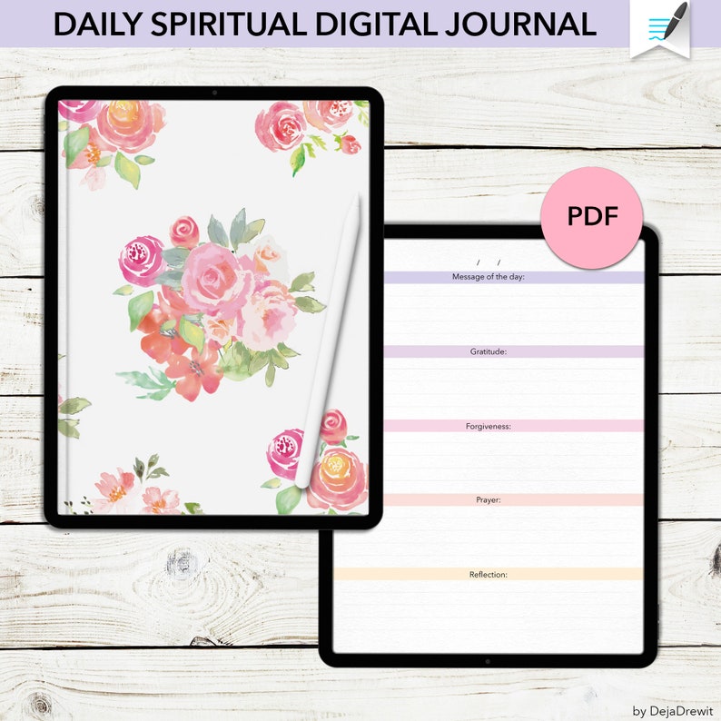 Puede incluir: Una plantilla de diario digital con un dise&ntilde;o floral en la portada. El diario incluye secciones para reflexiones diarias, gratitud, perd&oacute;n, oraci&oacute;n y un mensaje del d&iacute;a. La plantilla est&aacute; en formato PDF.