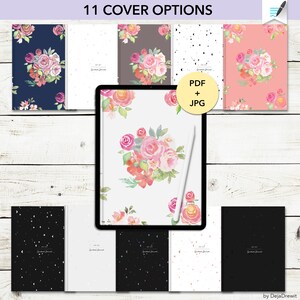 Puede incluir: Once dise&ntilde;os de portada de diario imprimibles digitales con patrones florales, lunas y estrellas, y colores s&oacute;lidos. Las portadas est&aacute;n disponibles en formatos PDF y JPG. El texto "PDF + JPG" se muestra en la imagen.