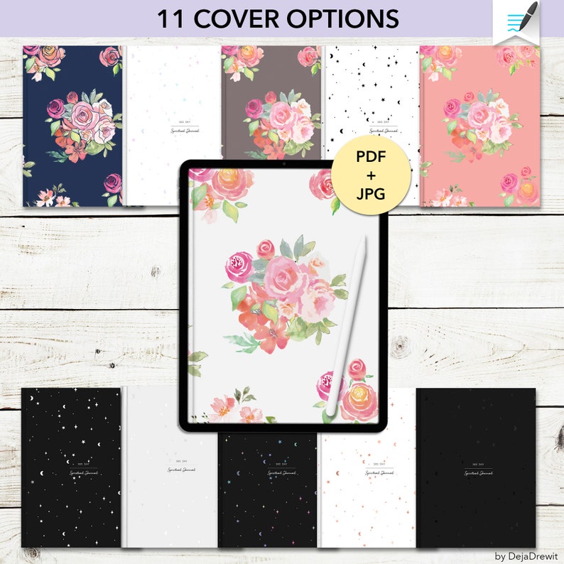 Puede incluir: Once dise&ntilde;os de portada de diario imprimibles digitales con patrones florales, lunas y estrellas, y colores s&oacute;lidos. Las portadas est&aacute;n disponibles en formatos PDF y JPG. El texto "PDF + JPG" se muestra en la imagen.