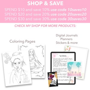 Puede incluir: P&aacute;ginas para colorear en blanco y negro con una mujer con gafas y el texto "Soy lo suficientemente bueno" y una mujer meditando. La imagen tambi&eacute;n incluye un diario digital con el texto "NOTES" y un dise&ntilde;o de palmera.