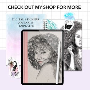 Puede incluir: Una tableta de dibujo digital con un l&aacute;piz blanco, que muestra un dibujo a l&aacute;piz en blanco y negro de una mujer con cabello rizado. La tableta est&aacute; sobre un fondo rosa y blanco con el texto "DIGITAL STICKERS JOURNALS TEMPLATES" sobre un fondo rosa y blanco.