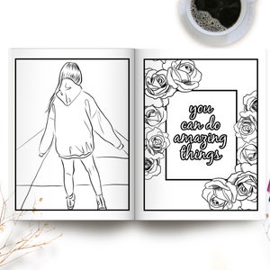 May include: Black and white colouring book page featuring a person walking away from the viewer and a motivational quote surrounded by roses. The quote reads "you can do amazing things".
