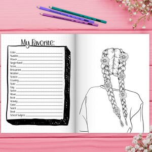 May include: A black and white illustration of a person with long braids decorated with flowers. The illustration is on a page of a notebook with the text "My Favorite:" and a list of categories for favourite things.