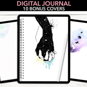 May include: Three digital journal covers. The first cover features a watercolor design with a light blue, purple, and pink color scheme. The second cover features a black and white illustration of two hands holding each other, with a galaxy design in the hands. The third cover features a watercolor design with a light blue, purple, and pink color scheme with birds flying in the sky.