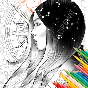 Beautiful Woman Portrait Coloring Page Affirmation Illustration for Procreate JPG PDF Printable Instant Download