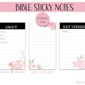 May include: Three rectangular sticky note pads measuring 3.5 inches by 2 inches, each containing 50 sheets. The pads feature white paper with black headers labeled ABOUT, KEY VERSES, and blank lined sections decorated with watercolor pink floral accents.