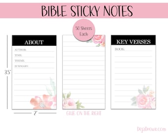 Bible Study Sticky Notes for Bible Study, Key Verses, About Each Book, Simple Floral Lined Post It Stickers 50 Sheets Each