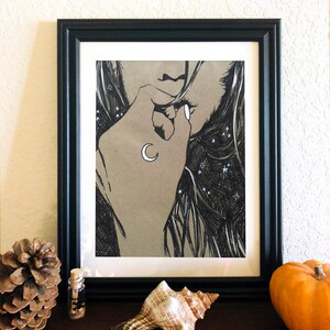 Mystery Woman Marker Zeichnung, Mond Tattoo, Personal Power Empowerment Kunstdruck 20x30