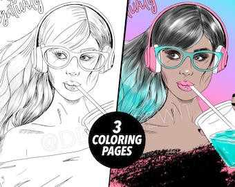 May include: A black and white line drawing of a person with long hair wearing headphones and glasses, drinking from a cup with a straw. The person is wearing a tank top and has a relaxed expression. The background is a light gray color. The text "Gratuity" is written above the person's head. The text "3 Coloring Pages" is written in a circle in the middle of the image.