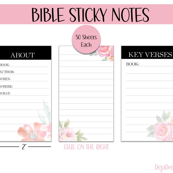 Bible Study Sticky Notes for Bible Study, Key Verses, About Each Book, Simple Floral Lined Post It 50 Sheets Each