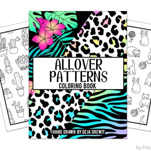 May include: A coloring book cover with the title "All Over Patterns Coloring Book" in white text on a black background. The cover features a variety of colorful patterns, including leopard print, zebra print, and tropical leaves.