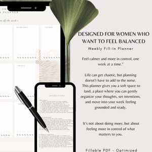 May include: A digital planner for women with a green leaf design. The planner is designed to help women feel balanced and in control. The text on the planner says "Designed for women who want to feel balanced. Weekly Fill-In Planner. Feel calmer and more in control, one week at a time."  "Life can get chaotic, but planning doesn't have to add to the noise. This planner gives you a soft space to land, a place where you can gently organise your thoughts, set intentions, and move into your week feeling grounded and ready."  "It's not about doing more, but about feeling more in control of what matters to you."  "Fillable PDF - Optimised for mobile use - Minimalist design."