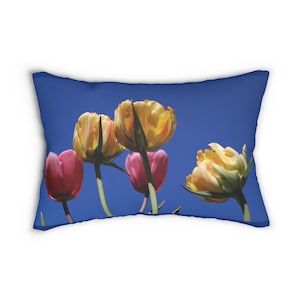 Yellow and Pink Tulips in Blue Background Bright Floral Lumbar Pillow, Spring Home Decor, Gift for Flower Lovers, Cozy Accent Pillow