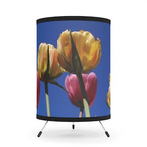 Yellow and Pink Tulips in Blue background Floral Tripod Lamp, Brighten Your Home Decor, Perfect Accent Light for Gatherings