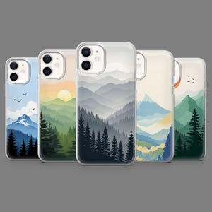 May include: Five phone cases showcasing mountain landscape designs. Each case presents a unique scene, with diverse colour schemes including blues, greens, and oranges. The designs depict forests, mountains, and sunsets, offering a nature-inspired aesthetic.