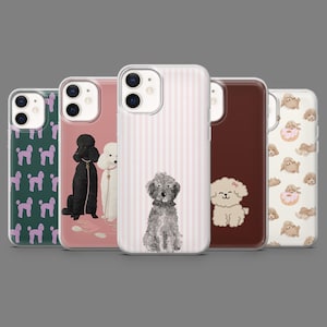 May include: A collection of phone cases featuring various dog designs. The cases showcase different breeds, including poodles and a fluffy dog with a bow. The cases have a variety of backgrounds, including stripes and patterns, and are in shades of pink, green, and brown.