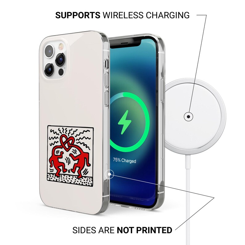 May include: A white iPhone case with a red and black graphic of two figures embracing. The phone is charging wirelessly with a white charging pad. Text on the image reads: SUPPORTS WIRELESS CHARGING and SIDES ARE NOT PRINTED.