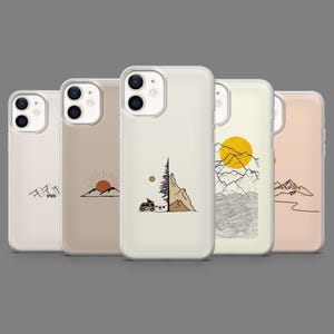 May include: Five phone cases with nature-inspired designs. Each case displays a different minimalist illustration, including mountains, a setting sun, and a camper van. The cases are in various neutral tones, with a clear case on the left.