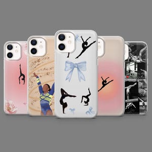 May include: A collection of phone cases featuring gymnastics-themed designs. The cases showcase silhouettes of gymnasts in various poses, along with bows and floral patterns. The color palette includes pink, white, and blue.