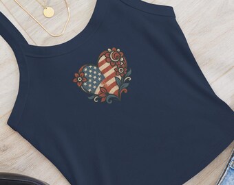 Boho Americana Heart Tank Top – Patriotic Floral Flag Summer Tee