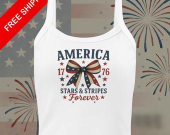 Patriotic 4th of July Tank Top for Women – America 1776 Ribbed Crop Tee with Retro USA Bow & Stars Stripes Design