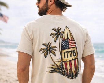 Vintage Patriotic Surf Back Graphic Tee | Retro Americana Surfing T-Shirt