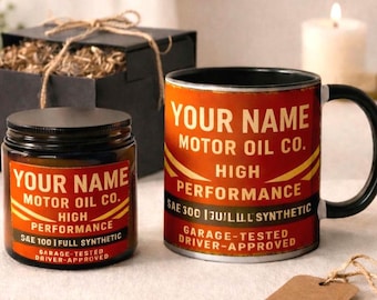 Personalized Motor Oil Candle & Mug Gift Set | Garage King Gift