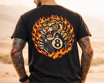 Flaming Tiger 8-Ball Tee | Retro Billiards, Vintage Tattoo Style