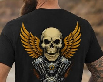 Skull Wings Biker T-Shirt: Engine Graphic Tee with Design on Back