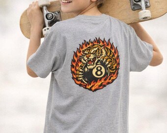 Retro Y2K Flaming Tiger Back Graphic Kids Tee | Bold Vintage Streetwear