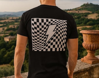 Retro Rebellious T-Shirt || Wavy Checkerboard Lightning Bolt Design on Back Soft Cotton
