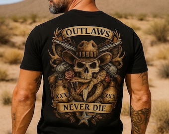 Outlaws Never Die Skull Graphic T-Shirt, Rugged Biker Rebel Style, Soft Prewashed Cotton Tee
