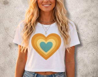 Heart Crop Top | Boho Retro 70s Earth Tones Soft Cotton T-Shirt