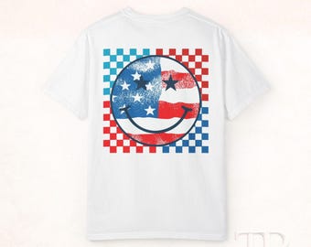 American Flag Smiley Face T-shirt | Patriotic Checkerboard Tee