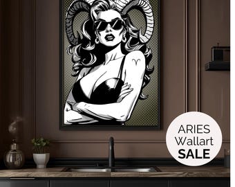 Ram Vrouw Pop Art Zodiac Digitale Wandkunst | Astrologie Afdrukbare PDF | Horoscoop Teken Decoratie | Direct Downloaden