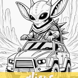 May include: Black and white illustration of an alien driving a vehicle in a desert landscape. The alien has large eyes and ears, and is wearing a spiky shoulder guard. The text "aliens COLORING BOOK" is at the bottom.