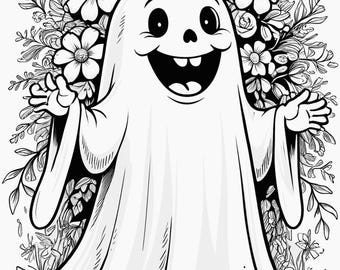 Kleurboek Happy Ghosts voor volwassenen en kinderen, grappige Halloween-spoken, kleurplaten voor ontspanning en creativiteit, digitale download