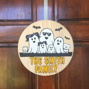 Personalized Ghost Family Halloween Door Hanger: Custom Wood Sign