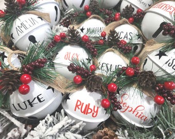 Personalized Christmas Bell Ornament: Burlap, Berries & Pinecone - 3 Inch