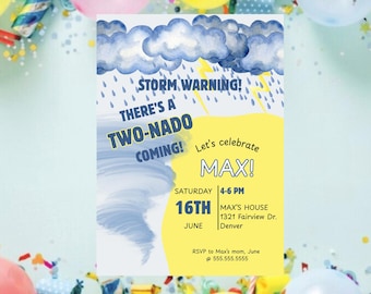 TWO-Nado Birthday Invite, Tornado Invite, Weather Invite Canva Editable Template