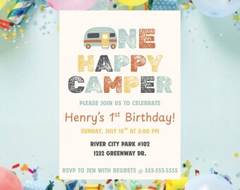 First Birthday, One Happy Camper, First Birthday Invitation, Camping Birthday, Editable Birthday Invitation, Canva Editable Template