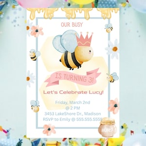 Busy Bees 3rd Birthday Invitation: Editable Canva Template (Digital Download)