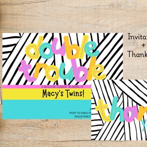 Digital Twin Babyparty-Einladung + Dankeschön; Geschlechtsneutral; Zwillings-Babyparty-Einladung; Double Trouble; Canva Bearbeitbare Vorlage