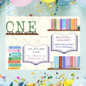 Un carton d'invitation pour le premier anniversaire du livre ; Amoureux des livres, rat de bibliothèque, modèle modifiable sur toile