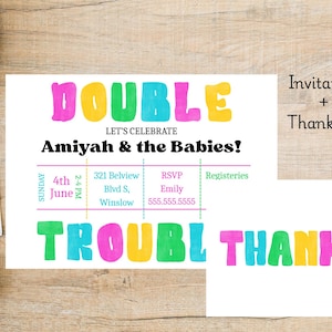 Digitale Babypartyeinladung + Dankeschön; Geschlechtsneutral; Zwillings-Babyparty einladen; Doppelte Mühe; Canva Bearbeitbare Vorlage