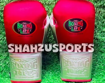No Boxing No Life Handmade Leather Training Gloves Red Silver Muay Thai Kickboxing Sparring