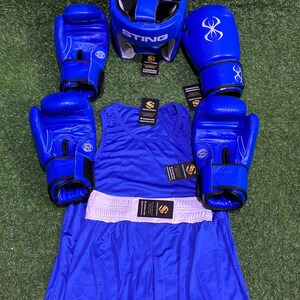 May include: A complete blue boxing set, including a head guard with "STING" text, boxing gloves, a tank top, and shorts. The set is arranged on a green surface. The gloves have a white infinity symbol.