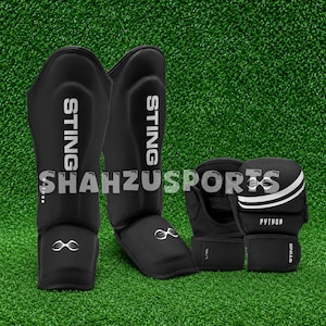 Espinilleras Python Sting y guantes de sparring para MMA y kickboxing.